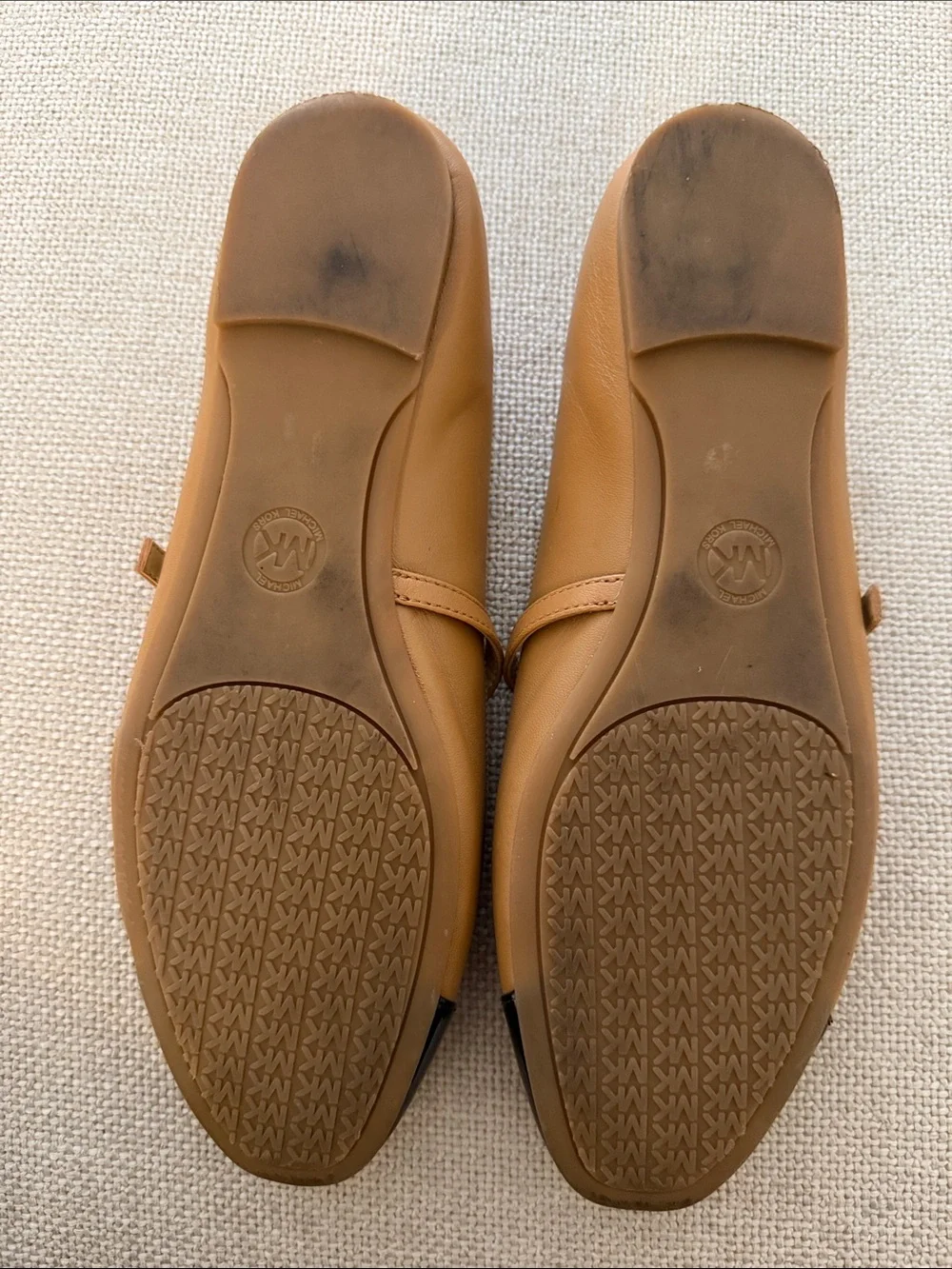 Michael Kors Tan Leather Mary Jane Flats with Black Patent Cap Toe